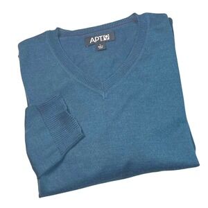 APT 9 Mens V Neck Sweater Large Merino Wool Blend Dark Teal Pullover Soft Luxury
